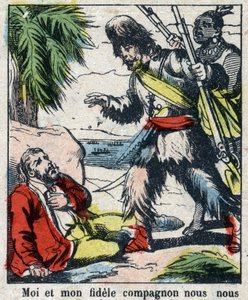 Illustration für das Buch von Daniel Defoe „Robinson Crusoe“. Epinal Imaging aus dem späten 19. Jahrhundert. von French School