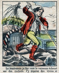 Illustration für das Buch von Daniel Defoe „Robinson Crusoe“. Epinal-Bild aus dem späten 19. Jahrhundert.