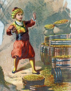 Illustration zu den Geschichten aus Tausendundeiner Nacht. Ali Baba betritt den Felsen und sagt: Sesam öffne dich und sieht Goldfässer. Chromolithographie um 1890. von French School