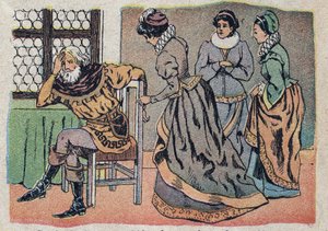 Illustration zum Märchen „Die Schöne und das Biest“: der Kaufmann in Not. Gravur von Quinn, um 1890.