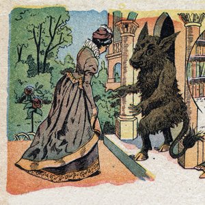 Illustration zum Märchen "Die Schöne und das Biest": Die Schöne kommt am Schloss des Biests an. Gravur von Quinn, um 1890. von French School