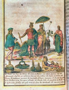 Illustration aus einer Geschichte Perus, die einen Inka-König und eine Königin mit indischen Begleitern und ein Diagramm einer Bicharra zeigt