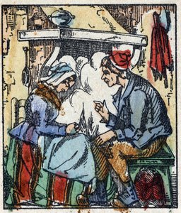 Illustration des Märchens „Der kleine Däumling“ von Charles Perrault. Holzstich aus Imaging Pellerin - Epinal, sp. 19. Jahrhundert.