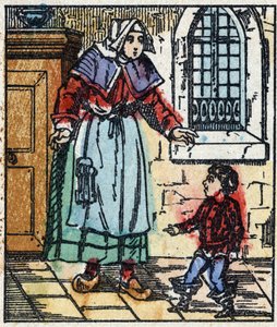 Illustration der Geschichte „Der kleine Däumling“ von Charles Perrault. Holzstich aus Imaging Pellerin - Epinal, sp. 19. Jahrhundert. von French School