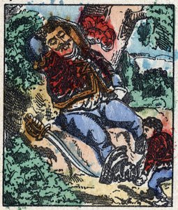 Illustration der Geschichte „Der kleine Däumling“ von Charles Perrault. Holzstich von Imaging Pellerin - Epinal, späte 19. Jahrhundert. von French School