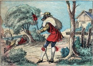Illustration der Fabel von Jean de la Fontaine (1621-1695): der Wolf wurde ein Schäfer. Epinal Imaging aus dem späten 19. Jahrhundert.