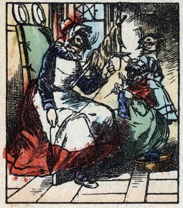 Illustration des Märchens „Raminagrobis und die Mäuse“ Holzgravur von Imaging Pellerin - Epinal, sp. 19. Jahrhundert. von French School