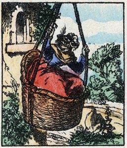 Illustration des Märchens „Raminagrobis und die Mäuse“. Holzgravur von Imagery Pellerin - Epinal, sp. 19. Jahrhundert. von French School