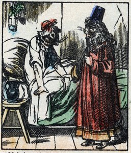 Illustration der Geschichte „Raminagrobis und die Mäuse“. Holzstich aus Imaging Pellerin - Epinal, sp. 19. Jahrhundert.