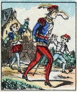 Illustration des Märchens „Die Abenteuer von Grand Flandrin“ Holzgravur von Imaging Pellerin - Epinal, sp. 19. Jahrhundert.