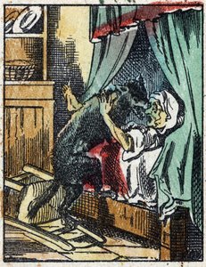 Illustration zu Charles Perraults Märchen „Rotkäppchen“. Holzstich von Imaging Pellerin - Epinal, sd. Ende des 19. Jahrhunderts.