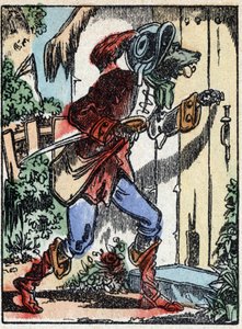 Illustration des Märchens „Der Wolf, die Ziege und die sieben Geißlein“ Holzgravur von Imaging Pellerin - Epinal, sp. 19. Jahrhundert. von French School