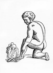 Illustration der Wirkungsweise der Kanäle der Zirbeldrüse auf das menschliche Nervensystem in Bezug auf eine Reaktion auf Feuer, aus Tractatus de Homine, veröffentlicht in Amsterdam von Elsevier, 1677 (Holzschnitt) von French School