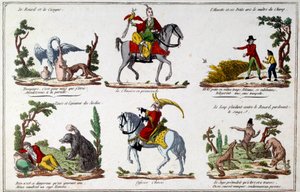 Illustrationsplatte für die Fabeln von Jean de La Fontaine: Der Fuchs und der Storch, der Chinese beim Spaziergang, der Bär und der Gartenliebhaber, der chinesische Offizier. Gravur von French School