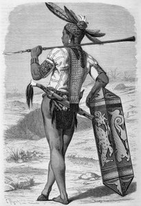 Illustration veröffentlicht in der Ausgabe von „Le Tour du monde“ von 1870 - 1871, die einen Dayak (Eingeborenen) auf der Insel Borneo zeigt. Gravur von French School