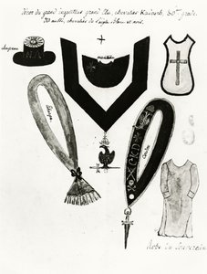 Illustrationen von freimaurerischen Insignien und Kleidern des Ritters Kadosh, 30. Grad, im Schottischen Ritus der Freimaurerei, 1813