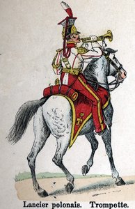 Kaiserliche Garde Napoleon I.: Polnischer Lanzenträger - Trompeter. Tafel aus dem Buch Les Uniforms de l