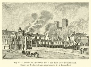 Brand des Hôtel-Dieu in der Nacht vom 29. auf den 30. Dezember 1772, nach einer zeitgenössischen Zeichnung im Besitz von M. A. Bonnardot