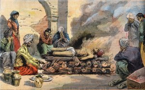 Einäscherung eines Hindus in Tunis, Tunesien, aus der Zeitung „Le Petit Parisien“ von French School