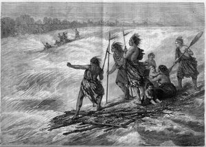 Indianer Kanadas, die auf zusammengebundenen Baumzweigen stehen und die Long Sault Rapids am Sankt-Lorenz-Strom hinunterfahren von French School
