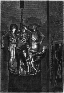 Innenansicht eines Kohlebergwerks: Aufstieg des Müllcontainers. 1861. Gravur in „Le Monde Illustré“ Nr. 238 vom 2. November