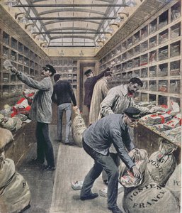 Innenraum eines französischen Eisenbahn-Postwagens zur Zeit des französischen Poststreiks 1909, Illustration aus Le Petit Journal, 28. März 1909 von French School