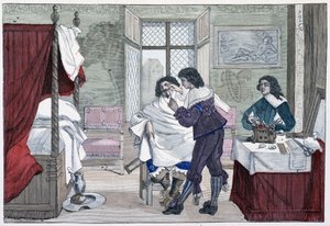 Innenraum des Hauses eines Barbiers im 17. Jahrhundert - in „Paris durch die Jahrhunderte“ von French School