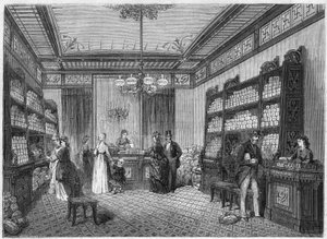 Innenansicht des Cafés „Compagnie du Moka-Zanzibar“, gelegen in Paris, 47, rue Vivienne. Gravur in „Le Monde Illustré“ Nr. 808 vom 5. Oktober von French School