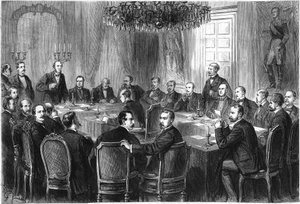 Internationaler Kriegskongress, Brüssel, Juli-August 1874: Delegierte aus 15 europäischen Staaten treffen sich, um den Entwurf einer internationalen Erklärung über die Gesetze und Gebräuche des Krieges zu diskutieren. Gravur in „Le Monde Illustré“ Nr. 908 