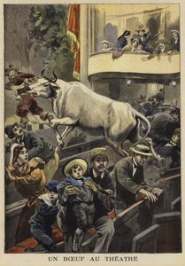 Unterbrechung einer Theateraufführung durch einen Ochsen, Villefranche-de-Lauragais, Frankreich, 1897 von French School