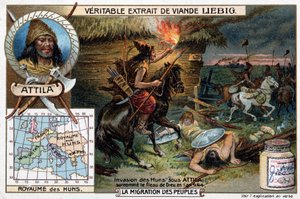 Invasion der Hunnen unter Attila, genannt die Geißel Gottes, im Jahr 444 - Liebig Werbevignette von French School