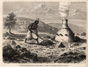 Eisenerzschmelzen in Fouta Djalon, Senegal, Zeichnung von Hadamard, zur Illustration von Leutnant Lamberts Reise nach Fouta Djalon 1860. Gravur in "Le tour du monde" 1861. Sammlung Selva. von French School