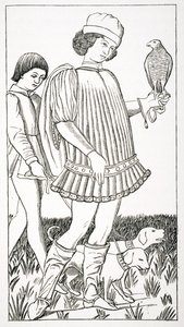 Italienischer Edelmann mit einem Falken, nach einer Spielkarte, auf Kupfer graviert, ca. 1460, aus 