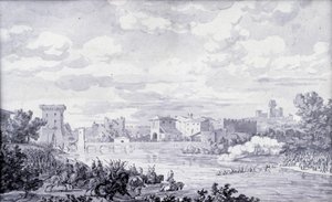 Italienische Landschaft: die französische Armee überquerte den Fluss Mincio bei Borghetto im Jahr 1796. Anonyme Zeichnung. Paris, Louvre Museum von French School