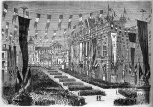 Italienische Einigung, Turin, 2. April 1860: Dekoration des Schlossplatzes (Piazza Castello) anlässlich der Eröffnung des italienischen Parlaments. Gravur in „Le Monde Illustré“ Nr. 157 vom 14. April 1860. von French School