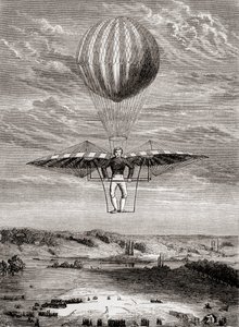 Jacob Degens Ornithopter von 1808 mit Klappenventilen, bei dem der Pilot auf einem starren Rahmen stand und die Flügel mit einer beweglichen horizontalen Stange betätigte, aus 