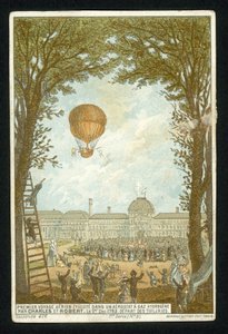 Jacques Charles und Marie-Noel Robert bei der ersten Fahrt in einem Wasserstoffballon, Paris, 1. Dezember 1783 von French School