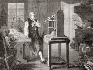 James Watt in seiner Werkstatt in Glasgow, verbessert die Newcomen-Dampfmaschine von Thomas Newcomen aus dem Jahr 1712 mit seiner Watt-Dampfmaschine im Jahr 1781, aus Les Merveilles de la Science, veröffentlicht 1870. von French School