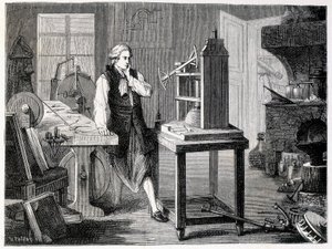 James Watt studiert die Perfektionierung von Newcomens Maschine (1767) - in „Album der Wissenschaft; berühmte Gelehrte; Große Entdeckungen“ 1896 von French School