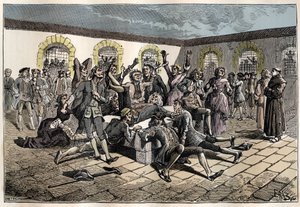 Jansenistischer Konvulsionär (oder Saint Medard) (Werke der Konvulsionen) im 18. Jahrhundert: „die Kranken und Gebrechlichen gehen zum Friedhof von Saint-Medard (wo sich das Grab des Diakons Francois Paris befindet), um wundersam geheilt zu werden“ (Konvul