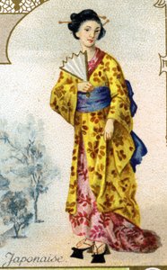 Japanische Frau. Edition der Pariser Lithographie, Ende des 19. Jahrhunderts. Serie von 25 Werbechromos für die Dijon-Herstellung von Biscuits Pernot, gegründet 1869. Detail der Figuren in traditioneller Tracht von French School