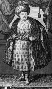 Jean-Baptiste Tavernier, Druck von J.B. Scotin, Frontispiz zu The Six Voyages of Jean-Baptiste Tavernier von Jean-Baptiste Tavernier, veröffentlicht 1713 von French School