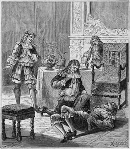 Jean de SANTEUL (Santeuil) (1630-1697) vergiftet mit einem Glas Wein, in das Tabak aus Spanien gegeben wurde - Gravur in "Wissenschaften für alle zugänglich gemacht - Physik und Chemie" von Alexis Clerc - Ende des 19. Jahrhunderts - Private Sammlung von French School