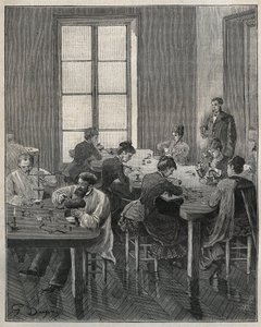 Schmuckwerkstatt in Paris im 19. Jahrhundert. Gravur von 1885 in „Les arts et métiers illustrés“ von Adolphe Bitard. von French School