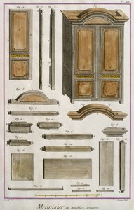 Tischler, ein Schrank, Illustration aus der Encyclopedie des Sciences et Metiers von Denis Diderot, graviert von Robert Benard, veröffentlicht um 1770 (Farbstich) von French School