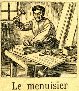 Tischler, der einen Nagel mit einem Hammer in eine Montage von Brettern auf seiner Werkbank schlägt. Gravur eines Silbenbuches (Lesebuch) um 1920. von French School