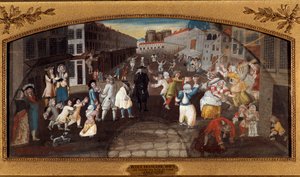 Scherze aus den Straßen von Paris: Die Rue Saint-Antoine. Passanten, Erwachsene und Kinder, die sich unterhalten und kämpfen. Im Hintergrund sieht man das Gefängnis Bastille. Gemälde von French School