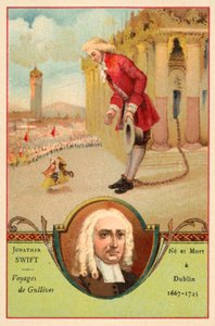 Jonathan Swift, irischer Autor, und eine Szene aus seinem Roman Gullivers Reisen von French School