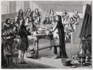 Joseph Black (1728 - 1799), britischer Chemiker und Physiker, experimentiert mit dem latenten Kalorikum vor den Studenten der Universität Glasgow von French School