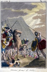 Josua stoppt den Lauf der Sonne, Gravur nach einer französischen Ausgabe der Bibel präsentiert von De Sacy. Paris von French School